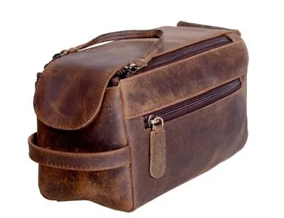 Genuine Buffalo Leather Toiletry Bag Travel Dopp Kit Shaving Case For Men Women • $37.04