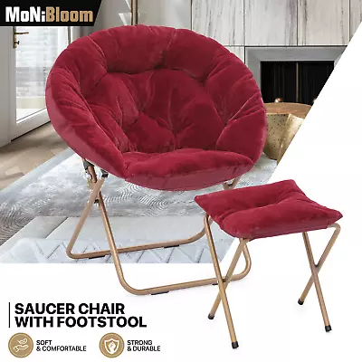 Red X-Large Foldable Saucer Cozy Chair Home Faux Fur Round Moon Seat W/Footrest • $74.99