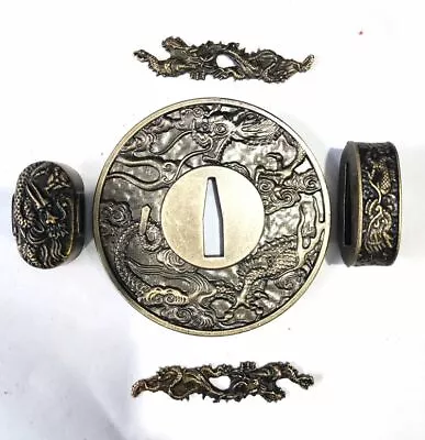 Elegant Set Dragon Tsuba Menuki Fuchi Kashira For Japanese Katana Sword Tachi • $21.95