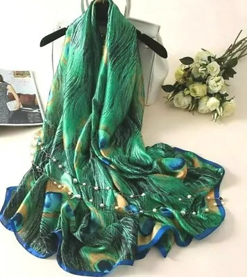 Ladies Green Blue Gold  Womans  Peacock  Long  Dressy  Classy  Neck Scarf  Shawl • £32