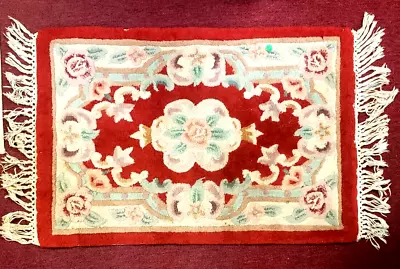 36  X 24  AREA THROW RUG FLORAL RED HEAVY WOVEN WOOL WELL MADE W OLD BACKING • $29.90