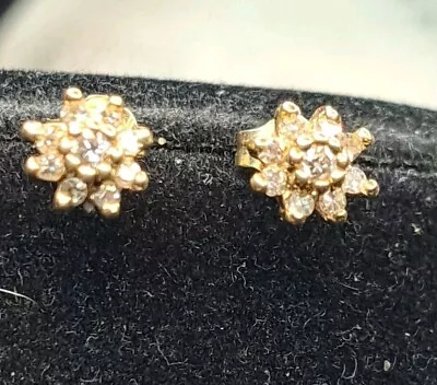 Round Cut 14K Yellow Solid Gold 18 Total Diamonds Stud Earrings+ Or-  .5 Carats • $159.99