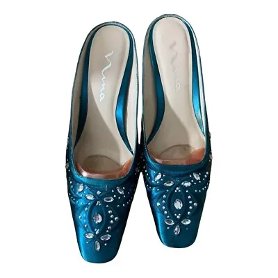 Nina Teal Women Satin Slip On Mules Rhinestones 3” Heels. Blue. Heels.size 8 • $26.99