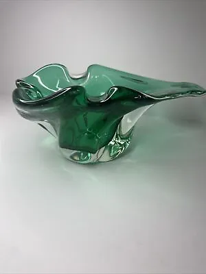 Vintage MCM Green Art Glass Bowl Ashtray Harrachov Czech?  Murano? Mid Century • $32