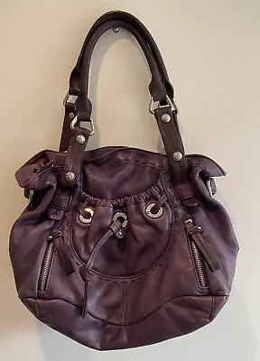 B. Makowsky Leather Handbag Grape Purple Silver Hardware Zippers Pebbled EUC • $89.95