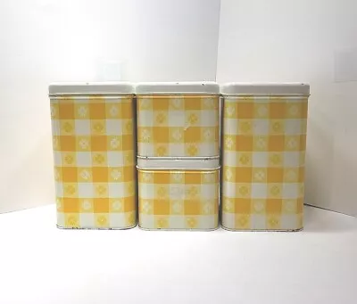 Vintage Cheinco Metals Set Of 4 Yellow Gingham Canisters 4.5' & 8.75  Tall  • $34.99