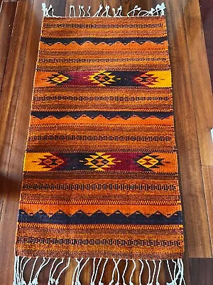 Hand Woven Zapotec Indian Mexican Oaxaca Wool Rug . Orange Rust And Dark Purples • $75