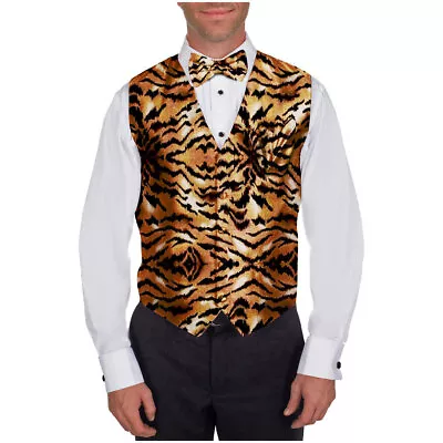 Men's Tiger Animal Print Tuxedo Vest Bowtie Hanky Set Proms Fashion Waistcoat • $33.95