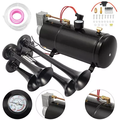 Train Horns Kit 4 Trumpet Air Horn Kit 120 Psi Air Compressor Gal Tank 3L 150DB • $98.85