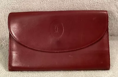 CARTIER  Trifold Kisslock Long Wallet Clutch Red Bordeaux Leather • $48.95