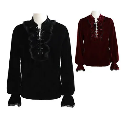 Punk Rave Mens Gothic Poet Pirate Shirt Red Black Velvet Lace Steampunk Vampire • £24.89