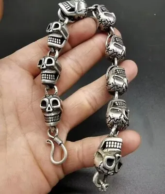2023 Chinese Miao Silver Cast Cool Skull Statue Bracelet • $16.86
