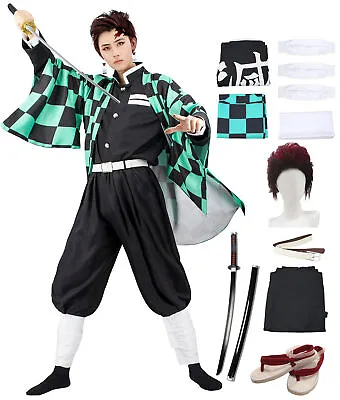 $31.99 • Buy Adult Demon Slayer Kamado Tanjiro Kimono Halloween Cosplay Costume Outfit Set