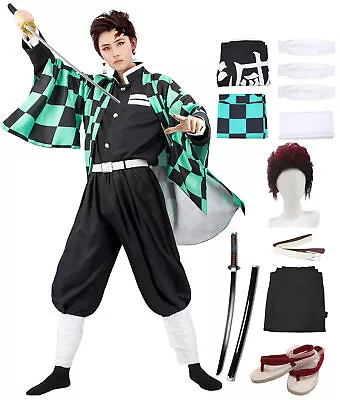 Adult Kamado Tanjiro Kimono Halloween Cosplay Costume Set W/ Sword Slippers Wig • $64.99