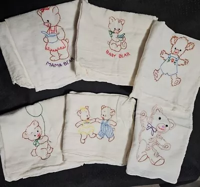 6 Vintage Embroidered Tea Towels-Bear Family • $8.95