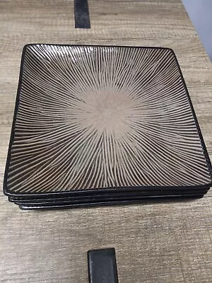 4pc GABBAY Stoneware Square Salad Plates Tan/Black Lines • $45