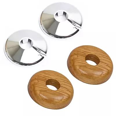 Radiator Pipe Collars X2 REAL WOOD CHROME Covers 15mm Hole Household DIY UK • £2.89