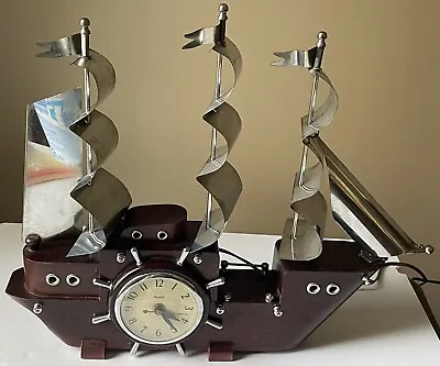 Vintage Mid-century United Metal Goods 810 Wood Sail Ship Boat Wheel Clock • $159.99