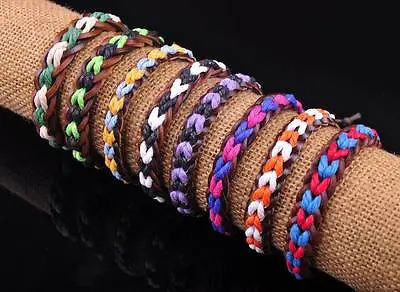 New Surfer Hemp Leather Braided Men's Wristband Bracelet Bangle Multi-Color • £3.59