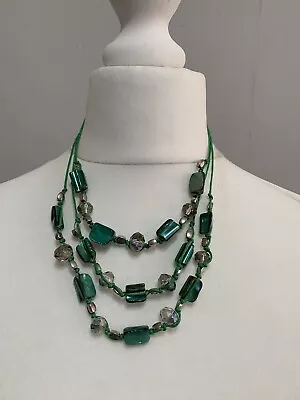 Collar Length Multi Strand Statement Necklace Green Shell Nugget Glass Bead • £2.99