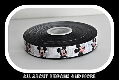 7/8 Inch Mickey Mouse With Grey Spots On White Grosgrain Ribbon- 1 Yard • $0.99