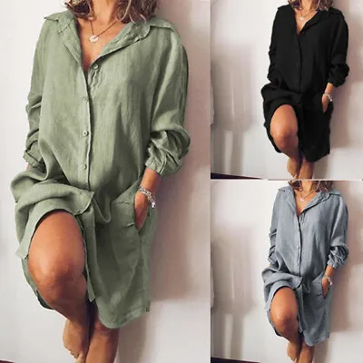 $21.93 • Buy ZANZEA 8-24 Women Casual Long Sleeve Button Down Shirt Dress Kaftan Midi Dress