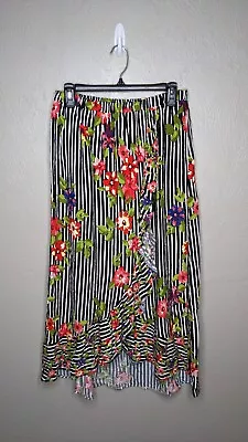 NWT Magic Womens Size XLarge Striped Floral Faux Wrap Hi Low Pull On Skirt • $14.99