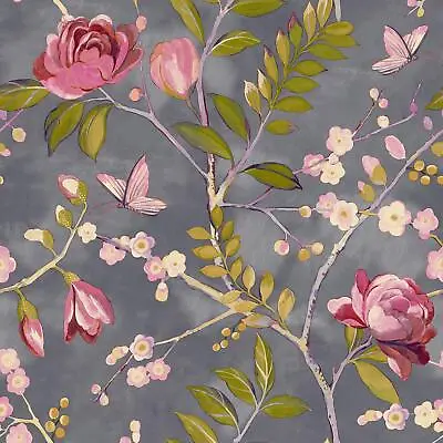 Grandeco Lola Floral Wallpaper Rose Flowers Leaves Trail Charcoal / Pink 197001 • £14.95