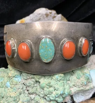 VERY RARE! Hopi “Sidney Sekakuku” Sterling Silver Coral & Turquoise Bracelet • $995