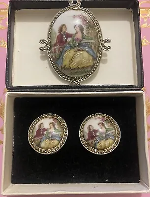 Limoges Hand Painted Brooch Earrings Set Clip On Earrings Cameo Style Victorian • £65