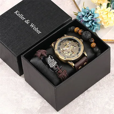 Men's Steampunk Skeleton Mechanical Watch Bracelets Gift Set Automatic Watches • $41.80