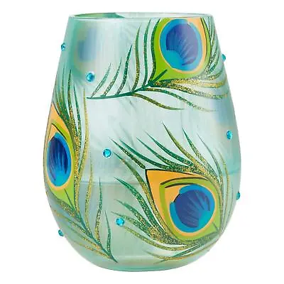 Lolita Stemless Glass Peacock Feathers Wine Cocktail Drinks Hand Decorated Gift • £15.99