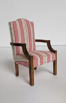  Dollhouse Miniature Pink Striped Upholstered Arm Chair • $18.99