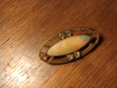 Mother Of Pearl  And Rhinestone On Brass Brooch Pin • $5.25