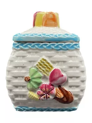 Rare Vintage Napcoware Japan White Basket Weave Cookie Sweets Jar Blue Trim • $25