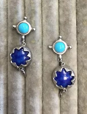 Beautiful Sterling Silver Turquoise & Lapis Lazuli Earrings Wt 15.4 Grams  • $17.95