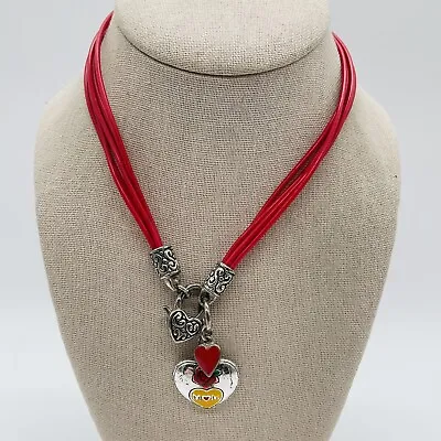 Charm Necklace Silver Tone Red Faux Leather Multi Strand Heart Mom Jewelry 16  • $5.98