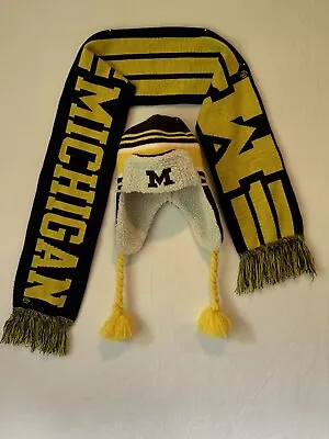University Of Michigan Wolverines Knit Hat Ear Flap Beanie Scarf Set Blue Gold • $19.71