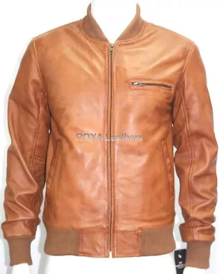 URBAN Men Authentic Lambskin Real Leather Jacket Tan Bomber Soft Motorcycle Coat • $134.10