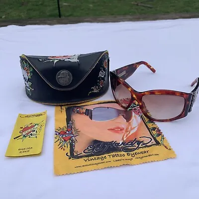 ED HARDY Vintage Tattoo Eyewear Womens Sunglasses W/Case EHS-023 Tortoise Frame • $99.91