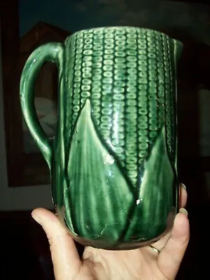 Antique Majolica Pottery Ear Of Corn Forest Green Pitcher Marked 44 • $22
