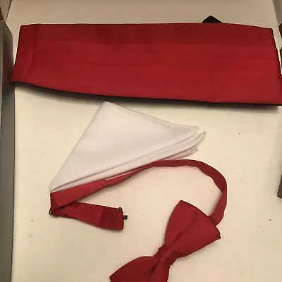 Mens Red Cummerbund And Matching Bow Tie White Handkerchief • $10