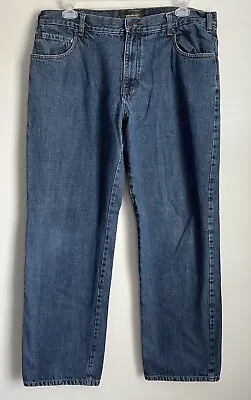 Men’s Eddie Bauer Blue Wash Plaid Flannel Lining Denim Relaxed Jeans Sz. 38 X 34 • $17.45