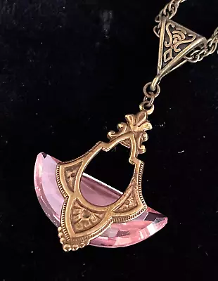 Vintage Necklace Art Deco Brass Pendant Antique Blush Pink Czech Glass Drop • $28