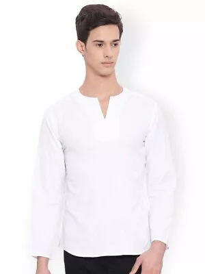 Indian 100% Cotton Short Shirt Men White Kurta Solid Color Size Loose Fit XS-7XL • $34.89