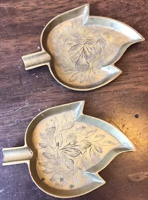 2 Vtg Brass Ashtray/ Trinket Tray; Hand Made Etched Leaf Marked India • $20