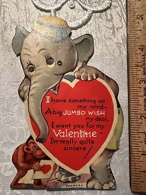 Vtg Valentines Day Card Mechanical Elephant Jumbo Wish Monkey • $9.99