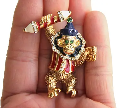 ST JOHN Circus Monkey Chimp Crystal Rhinestone Brooch Enamel Trembler Signed Pin • $125