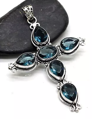 925 Sterling Silver London Blue Topaz Gemstone Jewelry Cross Pendant Size-3 • $14.53