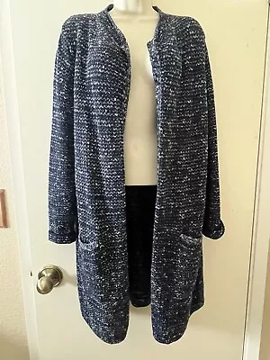 J Jill Sweater Size M Blue Marled Long Open Front Cardigan Cotton 2 Pockets • $22